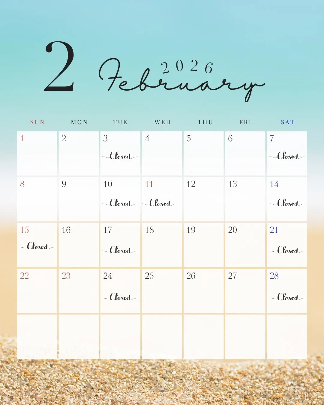 2月のお休みのお知らせです。